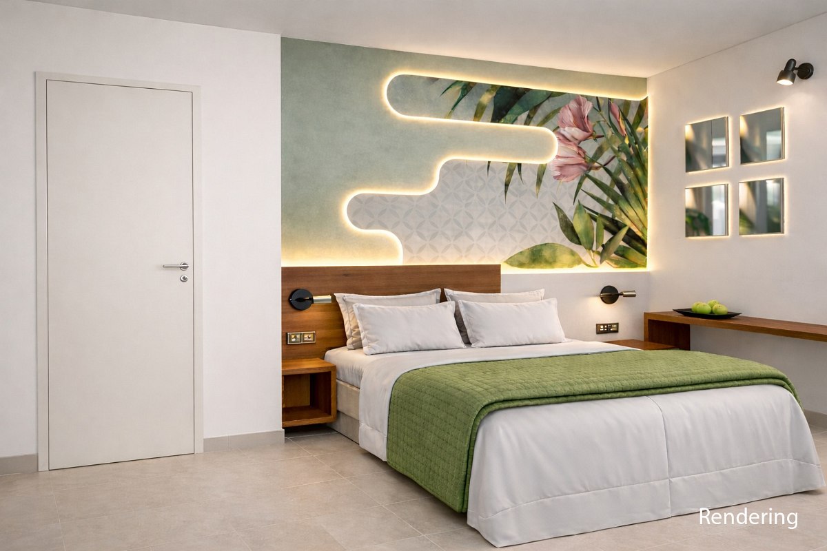 Modern eingerichtetes, helles Zimmer mit zwei Betten, Fliesenboden, Klimaanlage