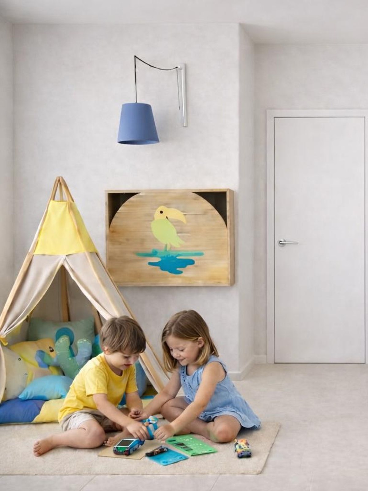 A white building with large windows that houses the ‘CALIMIGO KIDS CLUB’. A tree wrapped in a colourful crochet pattern stands next to it, surrounded by green plants.